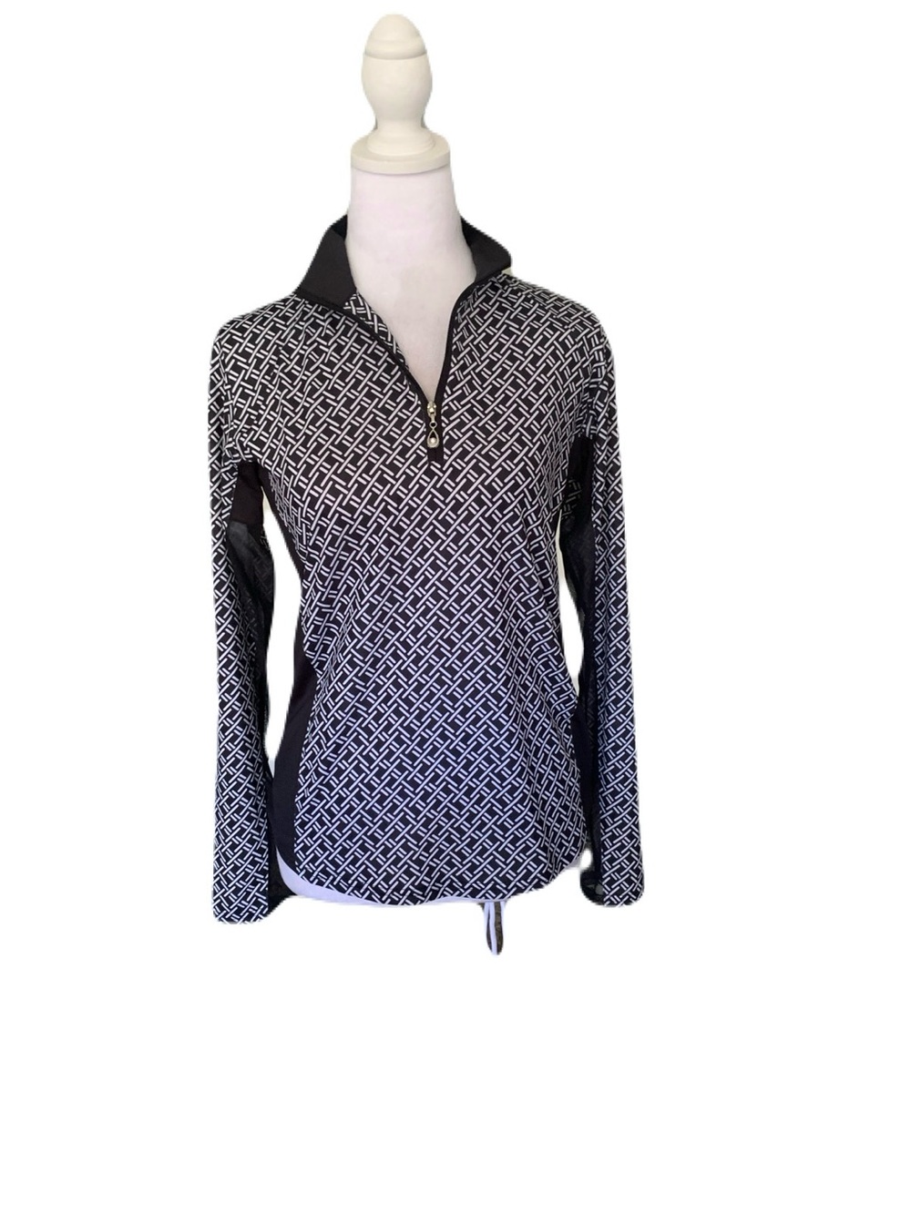 NEW San Soleil XS Black White Geo Quarter Zip UPF UV Protection Long Sleeve Top
